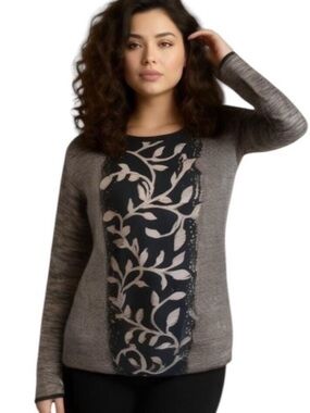 Abito Black with Multi Color Knit Tunic Sweater with Floral Center Desig…